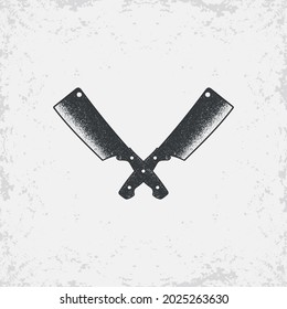 Color illustration crossed knives on a background with grunge texture. Designer element for emblems, posters, stickers, label and icon. Vector illustration. Butcher knives.