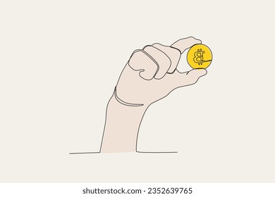 Color illustration of a cryptocurrency. Bitcoin one-line drawing