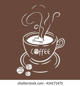 Color illustration of a cup of coffee and hand drawn lettering. Vector linear illustration in vintage style.