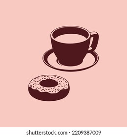 Color illustration. Cup with saucer, donut on the background. Vector graphics. Design element for banner, poster, sticker, label, emblem, print, badge. Illustration on the theme of food.