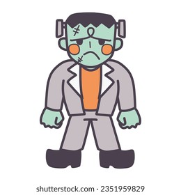 Color illustration of a cute, deformed, sad Frankenstein.