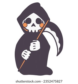 Color illustration of a cute, deformed, surprised Grim Reaper