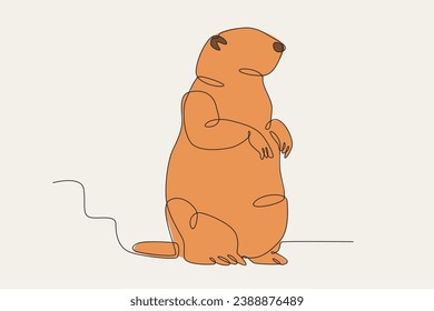 Color illustration of a cute fat groundhog. Groundhog day one-line drawing