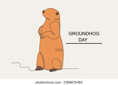 Color illustration of a cute groundhog standing. Groundhog day one-line drawing