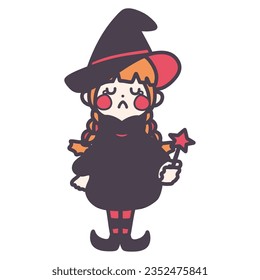 Color illustration of a cute little wizard girl who is sad.