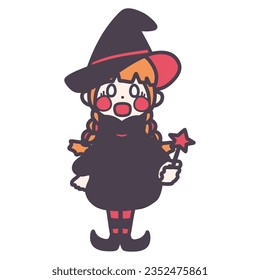 Color illustration of a cute little wizard girl who is surprised.