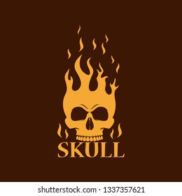 Color illustration of a dark background a fiery skull and text.