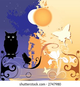 Color illustration with decorative elements of flora and fauna.