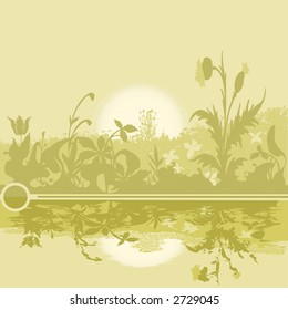 Color illustration with decorative elements of plants of the sun and water.