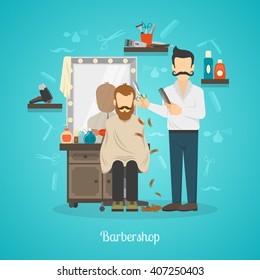 Color illustration depicting hairdresser in barber shop cutting client vector illustration