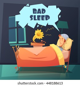 Color illustration depicting man in bed at night with nightcap near gramophone with title bad sleep vector illustration