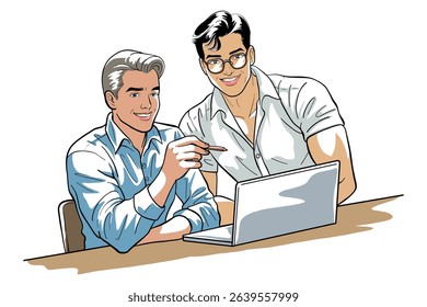 Color illustration depicts two smiling men collaborating on a laptop. One man points to the screen, suggesting discussion or instruction, while the other listens attentively.