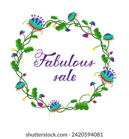 Color illustration of discounts with fantastic colors. Set of fabulous alien plants on a white background. Magic flowers. 