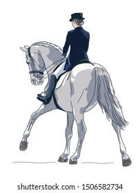 Color illustration of a dressage rider on a horse executing the half pass on gallop