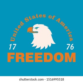 Color illustration of an eagle with text on a blue background. Vector illustration on the theme of freedom, democracy and independence of the USA