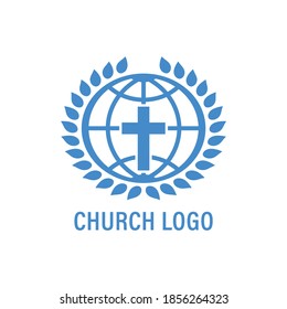 Color illustration Earth globe, laurel wreath, cross, text in blue on a white background. Vector illustration for logo, emblems, stickers. Church logo. Illustration on a religious theme.