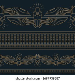 Color illustration of the Egyptian scarab beetle, personifying the god Khepri with seamless pattern. Symbol of the ancient Egyptians. 