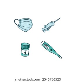 Color illustration of essential medical items, featuring a face mask, syringe, pill bottle, and thermometer, in simple, modern style.