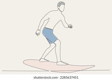Color illustration of an excited man surfing. Surfing one-line drawing