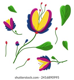 Color illustration of fantastic colors. Set of fabulous alien plants on a white background. Magic flowers. Color card for congratulations on unusual plants. Illustration for congratulations.
