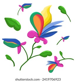 Ilustración de color de colores fantásticos. Conjunto de fabulosas plantas exóticas sobre un fondo blanco. Flores mágicas. Tarjeta de color para felicitaciones por plantas inusuales. Ilustración para felicitaciones.