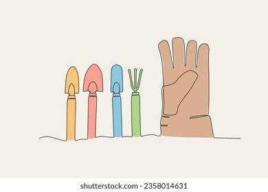 Color illustration of farming tools. Farm tools one-line drawing