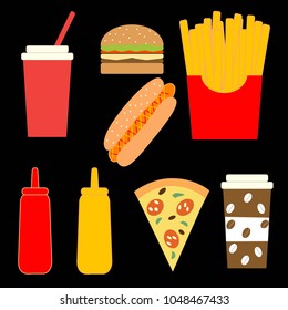 Color illustration of fast food and drinks on a black background