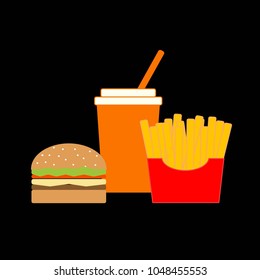 Color illustration of fast food and food on a black background