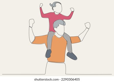 Color illustration of a father carrying his daughter on his shoulder. Father's Day one-line drawing