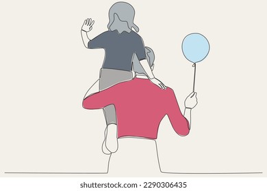 Color illustration of a father holding a balloon while holding his child. Father's Day one-line drawing