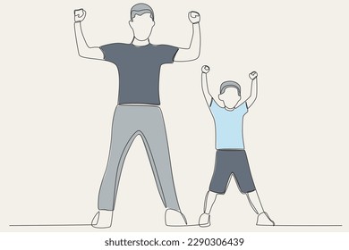 Color illustration of a father and son making a powerful pose. Father's Day one-line drawing