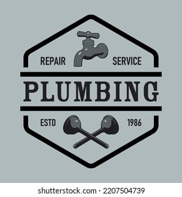 Color illustration of a faucet, crossed plungers and text on the background. Vector graphics. Design element for poster, banner, badge, label, sticker, print. Wizard service. Vintage style.