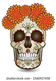 color illustration featuring human skull, holiday symbol day of the dead