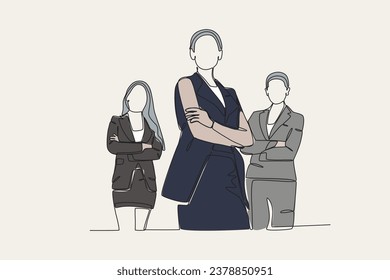 Color illustration of a female leader and her team. Corporate leader one-line drawing