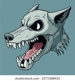 Color illustration of a ferocious howling dog skull conveying angry emotions and deep details. Aggressive dog showing dangerous teeth. Evil animal. Grin of an angry dog. Vector illustration.