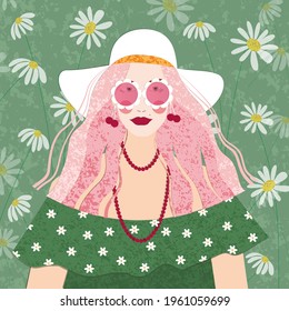 Color illustration of a fictional character. A girl with long pink hair wearing a hat and glasses. Using a texture. Isolated background with daisies.