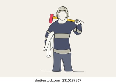 Color illustration of a firefighter holding an axe and a water hose. Firefighter one-line drawing