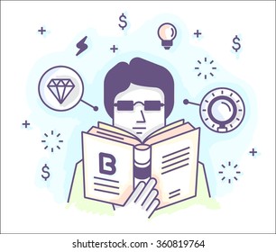 Color illustration of a flat in a modern and linear style. Self-education and improvement of the individual, reading professional literature, erudition, information search, new knowledge.