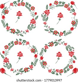 color illustration of flower wreath with roses and flowers.
 green-red illustration of flowers and wreaths