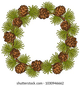 Color illustration, frame made of branches and cones of larch. Isolated vector object on white background.