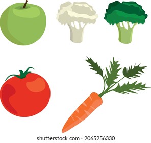 Color illustration of frkuts and vegetables. Everything you need for a healthy diet and proper diet. Apple, cauliflower, broccoli, tomato, carrot