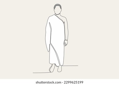 Color illustration of the front view of a pilgrim. Hajj pilgrims one-line drawing