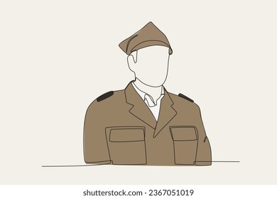 Color illustration of a gallant patriot wearing a uniform. Veteran day one-line drawing