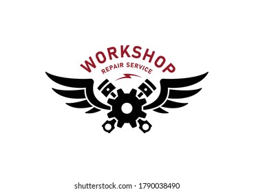 Color Illustration Of A Gear Wheel, Crossed Piston, Wings And Text On A White Background. Vector Illustration Advertises Repair Services. Automotive And Motorcycle Workshop Logo.