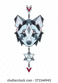 Color Illustration of geometric grey wolf. Geometric arrow and sacred geometry. Mysterious, shamanic, symbolic, esoteric, spiritual, new age. Spirit animal. T-shirt, fashion and tattoo art. 