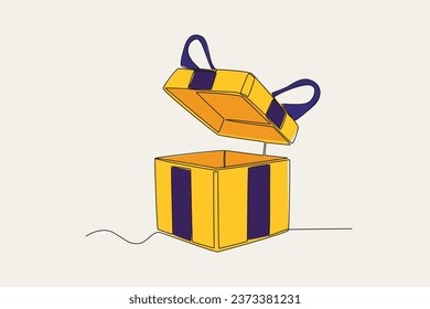 Color illustration of a gift box with the lid open. Boxing day one-line drawing