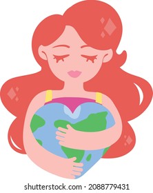 Color illustration: Girl hugs planet Earth in the shape of a heart