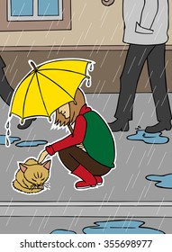 Color illustration of a girl with an umbrella and ginger homeless kitten. Indifferent people around and  rain.