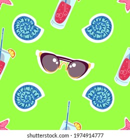 Color illustration of glasses, shell, starfish and juice. Idea for website 
design, for blogs, for print.