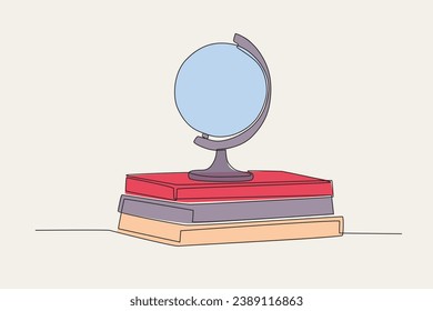 Color illustration of a globe on a stack of books. International day of education one-line drawing